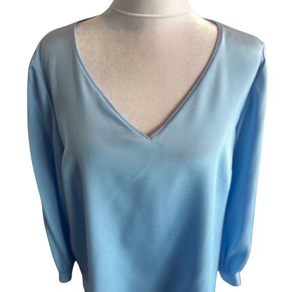 LAFAYETTE 148 NEW YORK LANTERN SLEEVE V-NECK SILK BLEND Sky Blue BLOUSE Medium - Picture 6 of 13